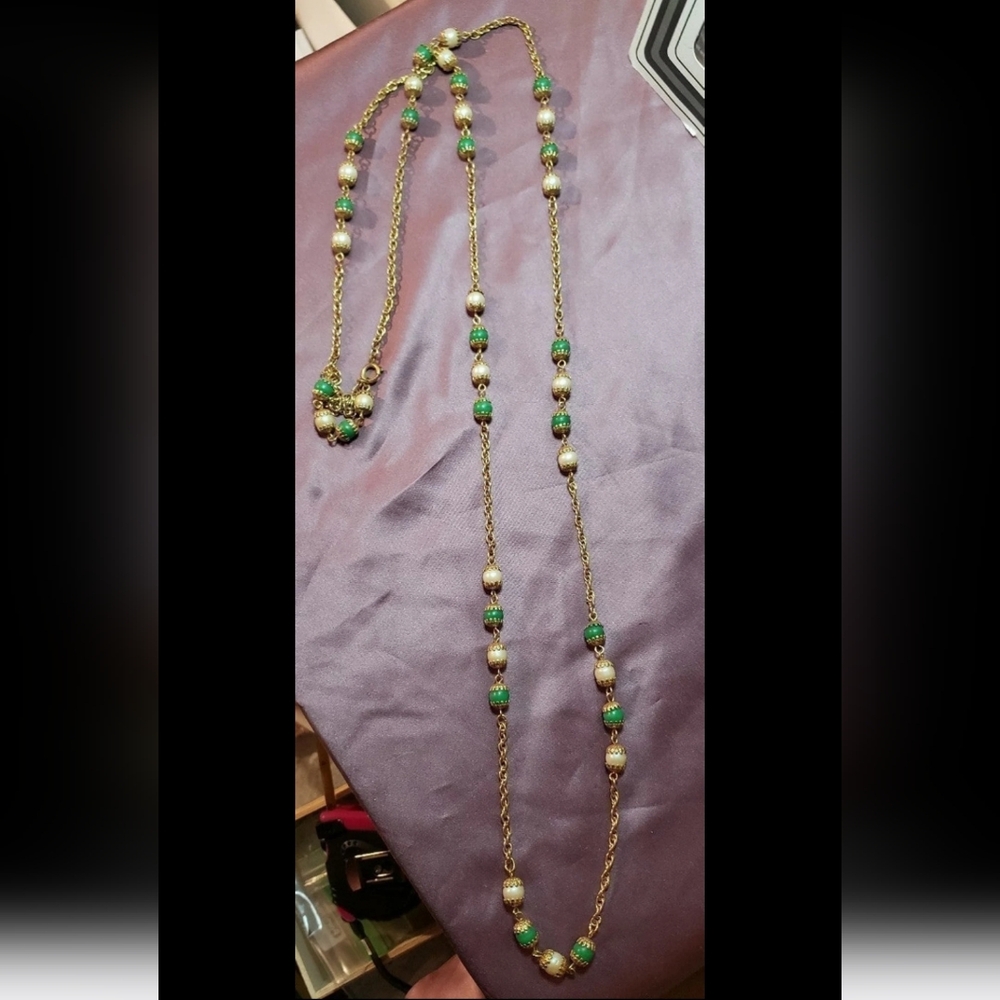 Vintage Long Pearl & Jade Balls Gold-Tone Necklace- EUC